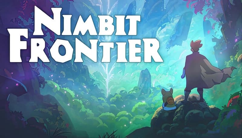 Nimbit Frontier: Caped man and small creature on a rock overlook glowing forest with floating rocks under a blue-lit sky.