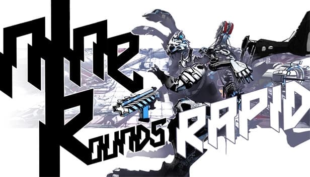 A robotic rabbit stands in an action pose, clutching futuristic weapons. Energetic lines enhance movement, against an abstract backdrop.