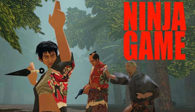 Ninja Game: Young woman with kunai leads two older men in patterned robes through dense forest, poised for stealth action.
