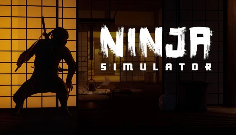Silhouette of a ninja with a katana crouches against shoji screens. Dimly lit traditional Japanese room in the background.