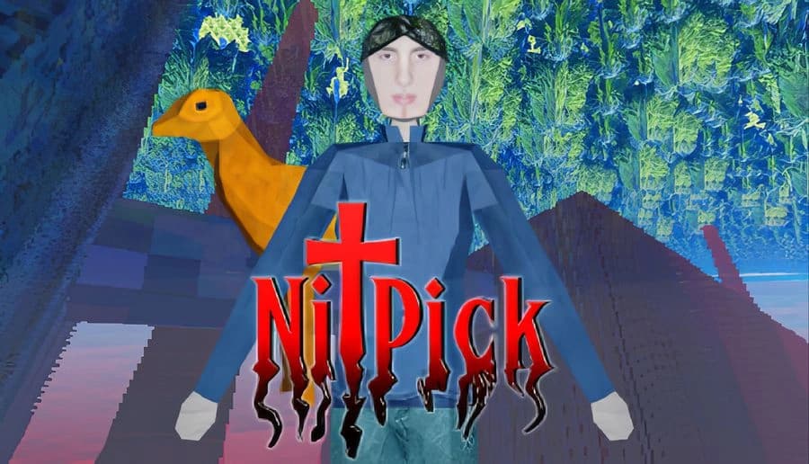 Nitpick: pixelated bald man in blue overalls facing camera beside a lake with dense green forest backdrop.