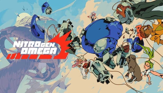 Young girl pilots in colorful gear battle mid-air against floating machines and a large blue mech in a dynamic scene.