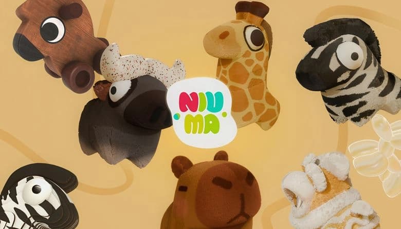 Plush animal toys, including a giraffe, capybara, zebra, bull, and wooden horse, arranged in a circle on a warm backdrop.
