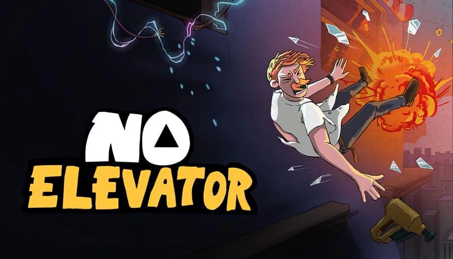 No Elevator: man recoils midair from orange explosion beside a high-rise wall, plank gun falling below at night.
