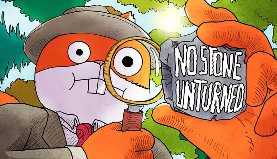 No Stone Unturned: Orange squirrel detective with magnifying glass inspects a stone in a cartoon forest setting.