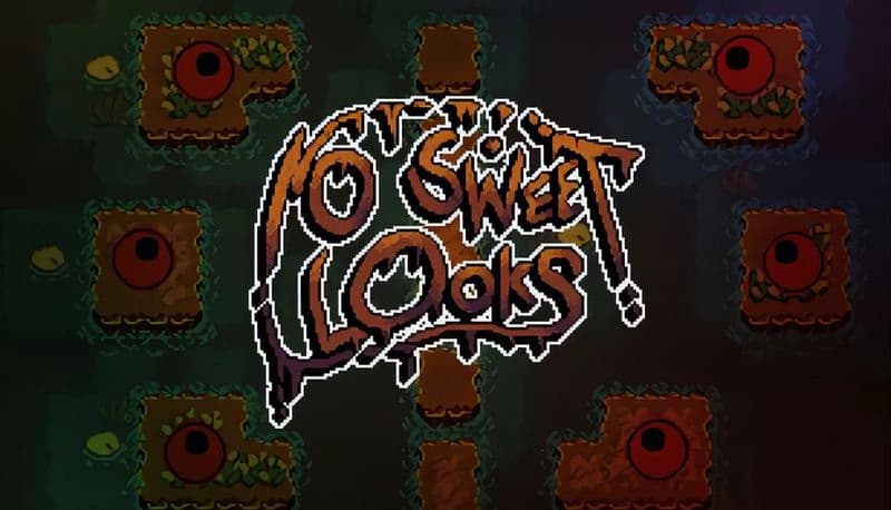 No Sweet Looks: Cartoonish red-eyed island monsters on dark ocean map, surrounded by small green patches in grid layout.