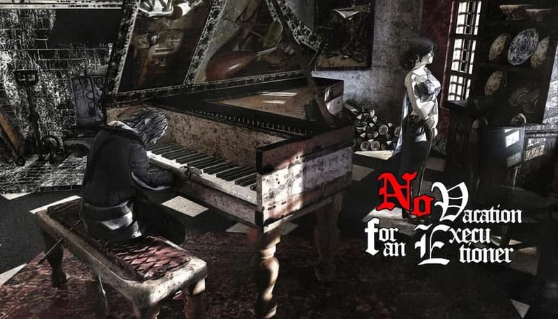 No Vacation for an Executioner: A man plays piano in a dim room with a standing woman, surrounded by antique furniture.