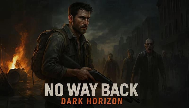 No Way Back: Rugged man with shotgun faces zombies in a dim, abandoned city with fire in the distance.