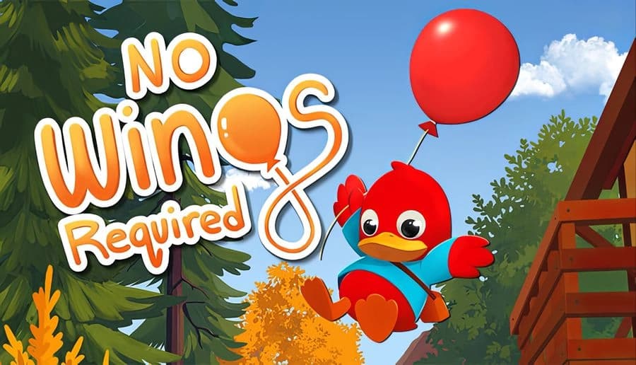 No Wings Required: red duck holding a balloon and swinging past trees and a wooden ladder under blue sky.