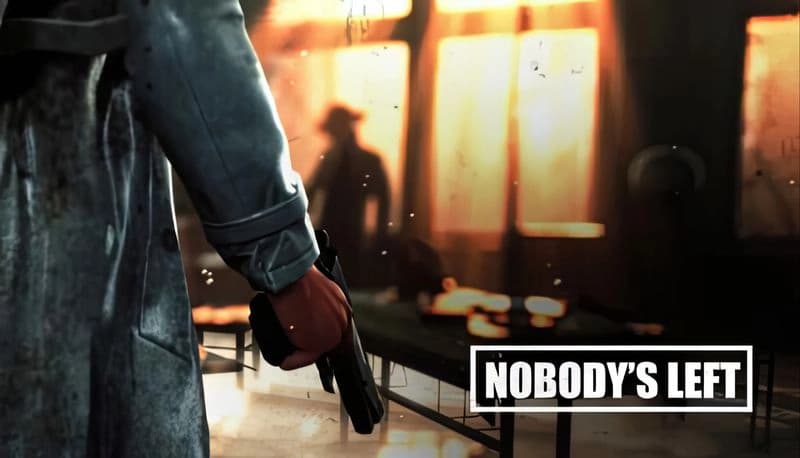 Nobody's Left: Man in trench coat holding gun in dimly lit room with silhouette of another figure in bright backdrop.