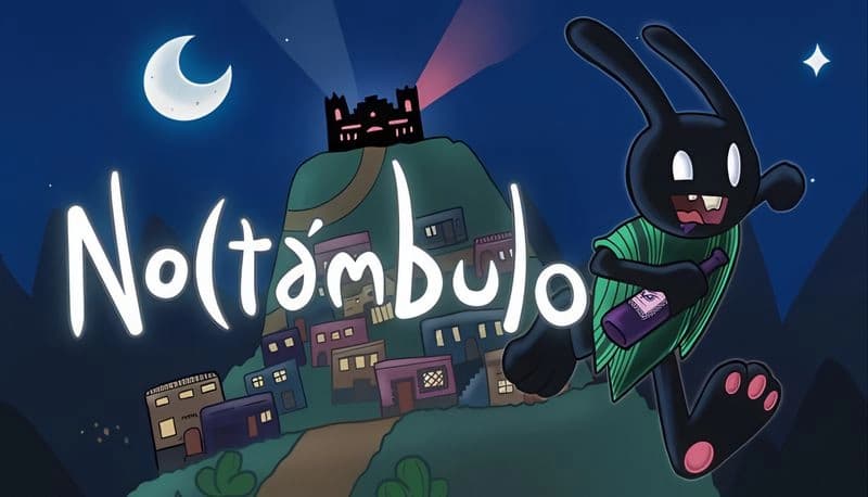 Noctambulo: Cartoon rabbit with bottle runs downhill from illuminated town under crescent moon and starry night sky.