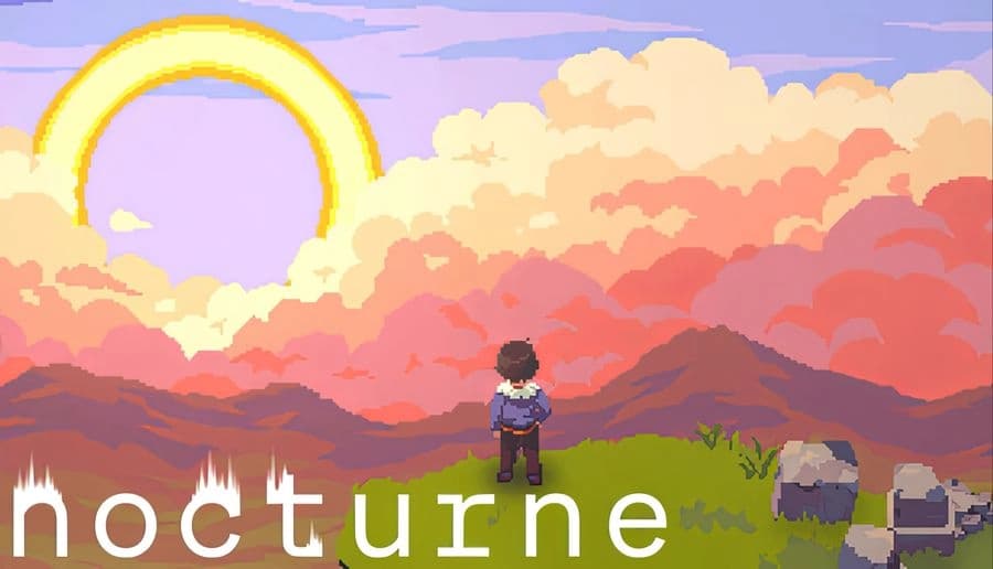 Nocturne: young man stands on grassy cliff facing a bright sun over pink mountains, broken stone ruins nearby.
