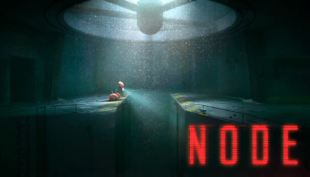 NODE: A small robot perched on a narrow ledge above a deep pit in a dim, misty industrial room with overhead industrial fan.