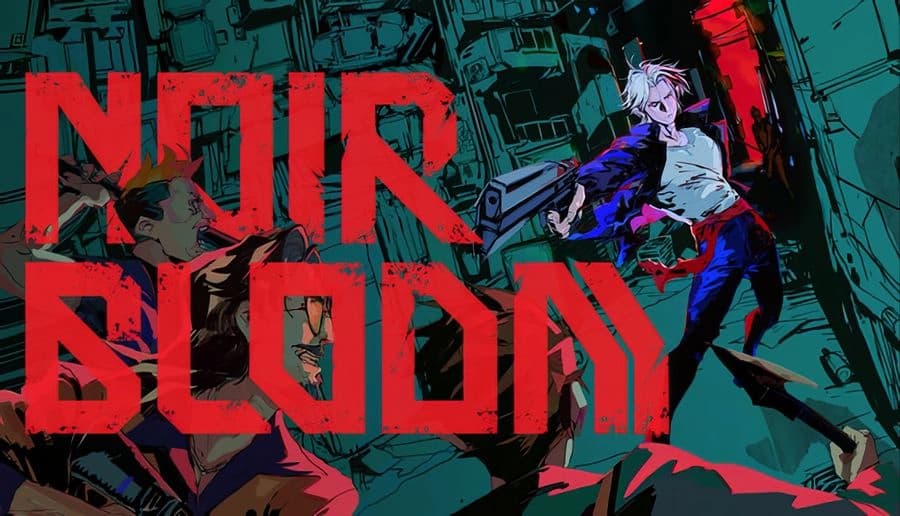 NOIR BLOOM: teal-haired man aims a pistol while reaching forward, red-and-teal neon lighting on dark backdrop.