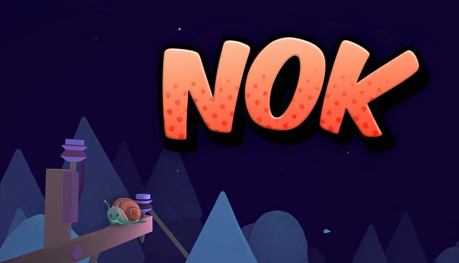 NOK: Cartoon snail balances on wooden beam against triangular mountains, under a dark sky, hinting at a bold journey.