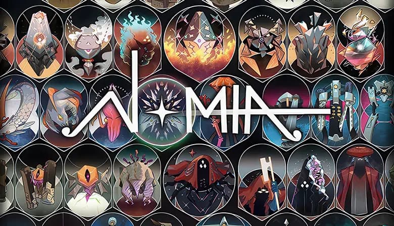 Various abstract and geometric characters and creatures, each enclosed in oval frames, featuring vibrant colors and design.