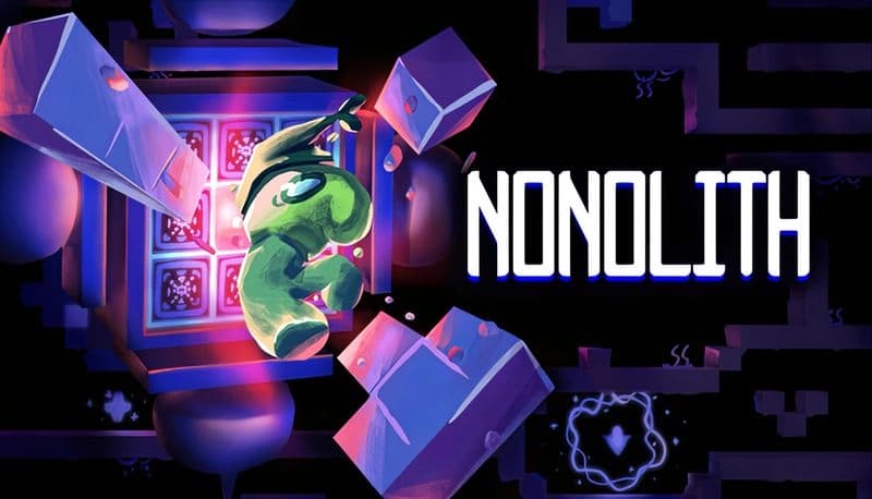 Nonolith: A green creature leaps among glowing floating blocks, surrounded by a dark, neon background with intricate patterns.