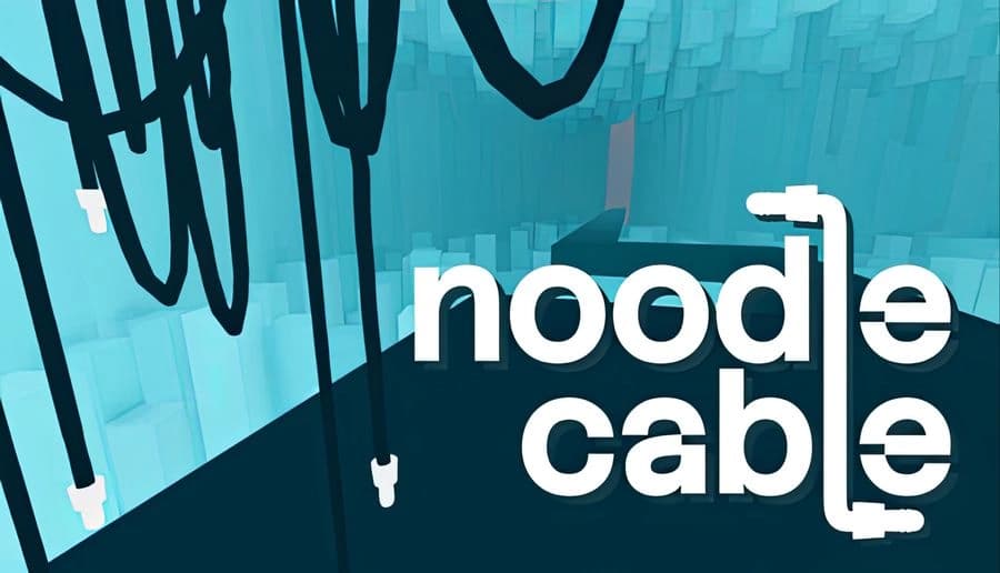 Noodle Cable: Thick black cables hang across teal walls and floor beside large white title text in a blue room.