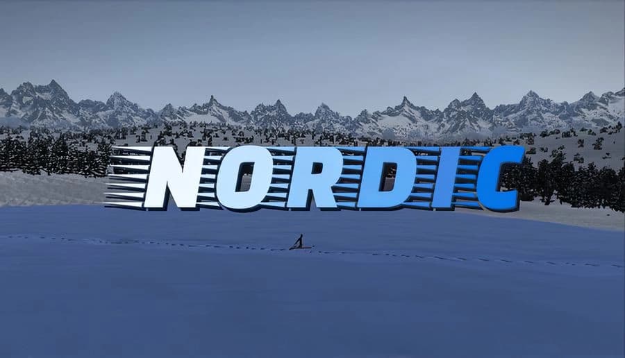 Nordic: Four skiers in blue race downhill using poles, snow fences and pine trees lining a winter ski trail.