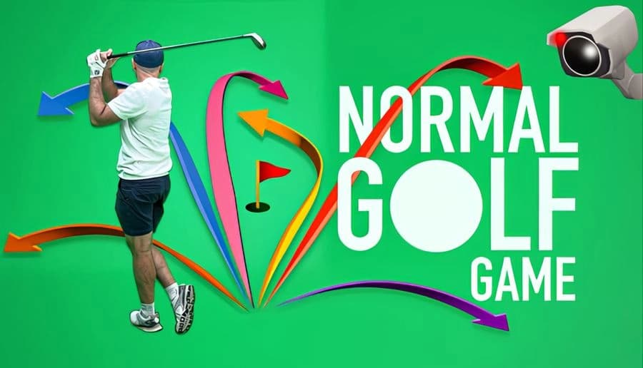 Normal Golf Game: man swings golf club as colorful arrows arc from the ball on green backdrop with camera lens.