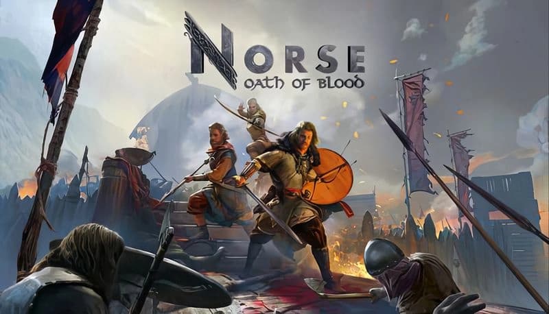 NORSE: A warrior trio stands on a battlefield, ready for combat with swords and shields, surrounded by fallen foes and banners.