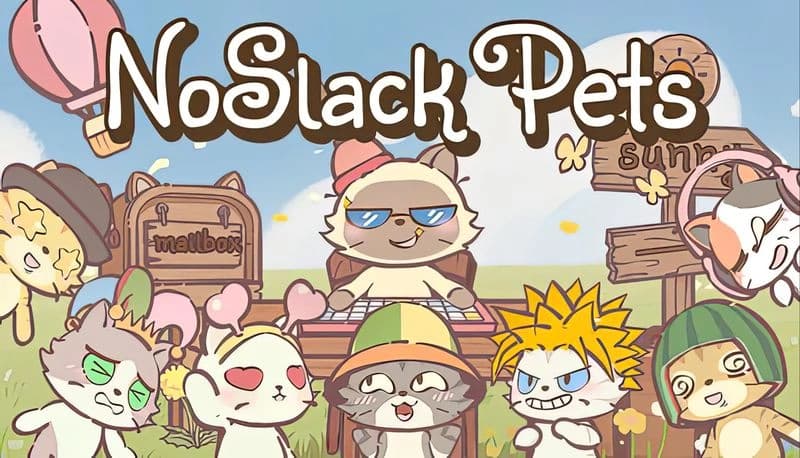 NoSlack Pets: Cartoon cats with colorful headgear gather around a DJ cat in sunglasses, set in a sunny field with balloons.