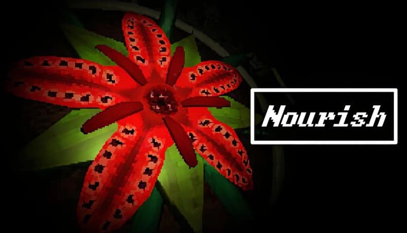 Nourish: Large alien plant with red petals, stamen, green leaves, and roots spreading out in a dark room.
