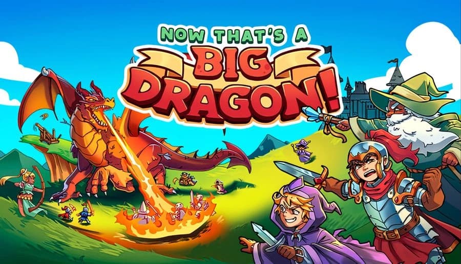 Now THAT'S a Big Dragon!: Knights and wizards battle a huge fire-breathing dragon in a vibrant, hilly countryside near a castle.