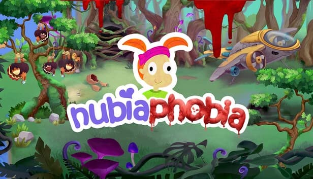 A young cartoon girl with ponytails smiles in a vibrant forest. Turkeys grow from a tree, and a landed spaceship nearby.