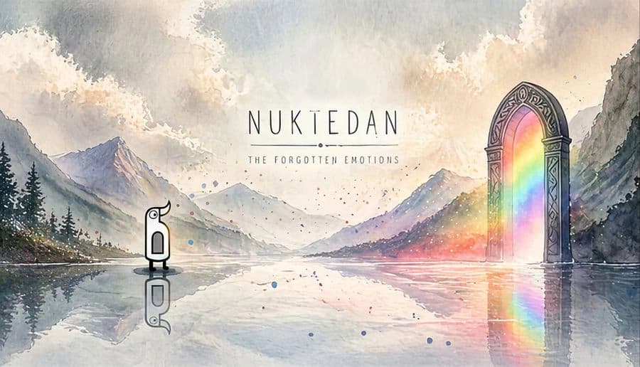 Nuktedan: Small black-and-white bird stands by a lake facing a glowing rainbow portal arch in misty mountains.