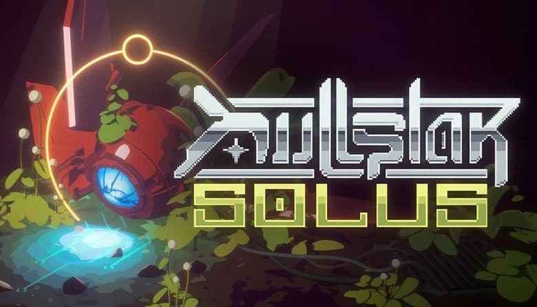 A bright red drone adorned with orange halo and green foliage rests in ancient ruins, casting a blue glow in a nearby puddle.