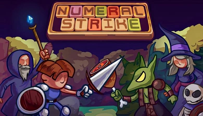 Numeral Strike: Young knight and goblin clash swords in enchanted forest with wizard, witch, and skeleton in medieval scene.