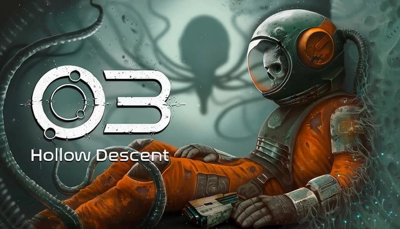 O3: Skeleton astronaut in orange suit holds gun, rests against alien wall as tentacled shadow figure looms in the backdrop.