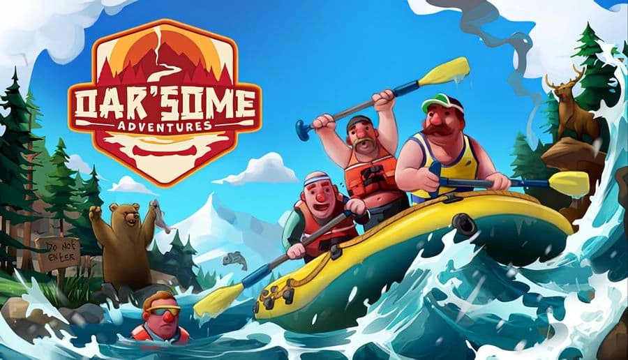 Oar’some Adventures: Four men raft through river rapids, paddling hard as a bear waves and fish leap nearby.