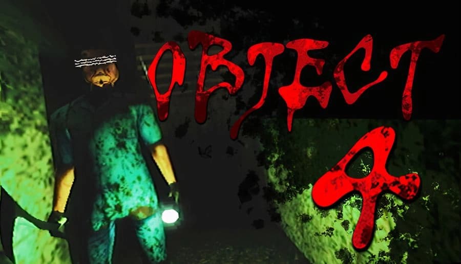 四号对象 Object 4: Man in green stained scrubs holds flashlight and knife in dark corridor with smeared walls and shadows.