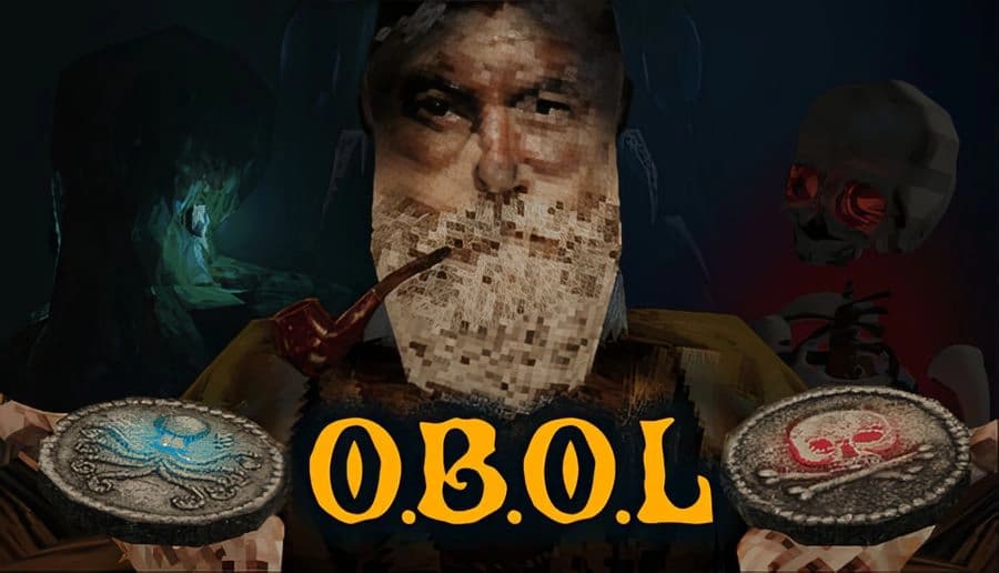 O.B.O.L: Older bearded man with pipe stares forward, shadowy figure behind, coin plates on dark table in cabin.