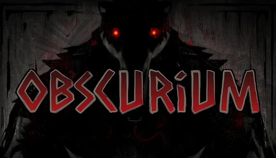 Obscurium: shadowy horned figure with glowing red eyes looming behind jagged title letters on a dark background.