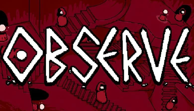 Abstract red environment with multiple shadowy figures in red hoods navigating staircases, surrounded by doors.