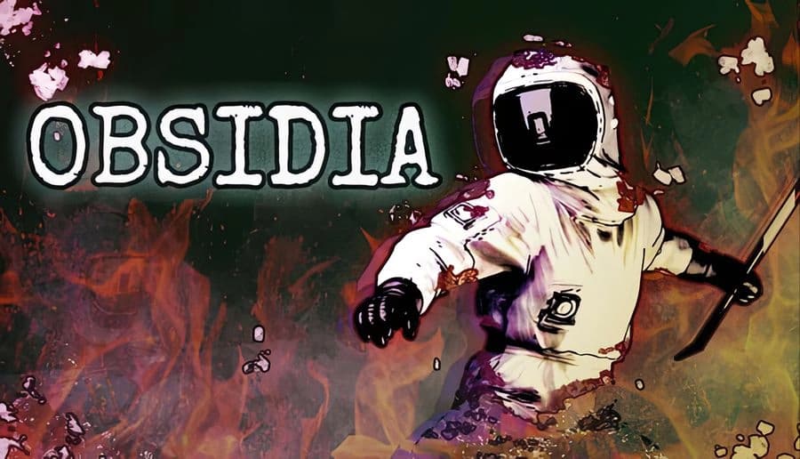 Obsidia: astronaut in white suit reaching out, holding a tool, against dark space backdrop with debris.