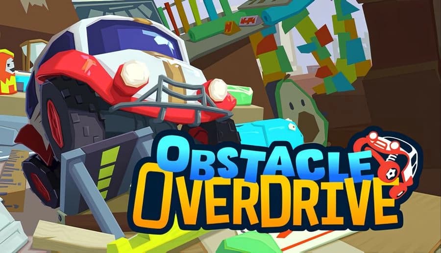 Obstacle Overdrive: red toy off-road truck climbs a blue ramp beside a playing card obstacle in a playroom course.