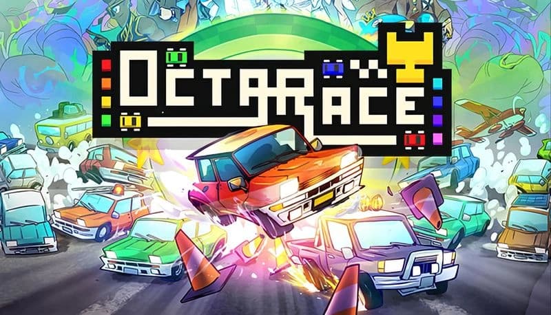 OctaRace: Brightly colored cars collide on a crowded road with flying cones, set against a vivid background of chaotic energy.