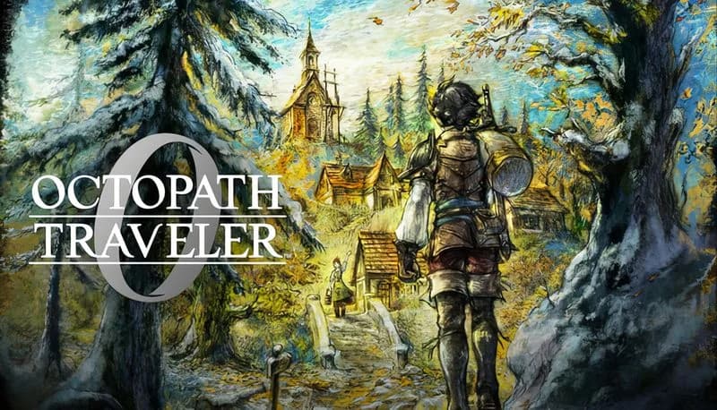 OCTOPATH TRAVELER 0: Young man with backpack examines forest path leading to a village with wooden houses and towering trees.