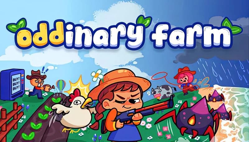 Oddinary Farm: Young girl with shotgun defends farm from giant spider, with animals and friends in vibrant, colorful setting.