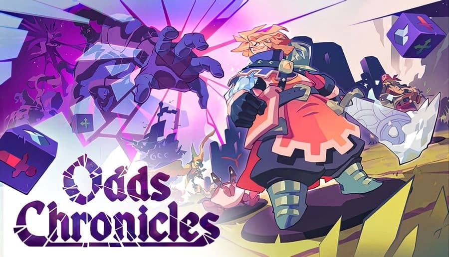 Odds Chronicles: A warrior in armor wields a glowing sword, facing off against robotic foes on a vibrant, grid-patterned battlefield.