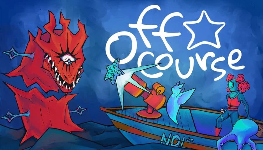 Off Course: woman crouches on boat deck facing red horned monster with eye, on dark blue water under title text.