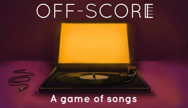 A warmly glowing record player with an open lid illuminates a vinyl record on a purple surface, next to an audio cable.
