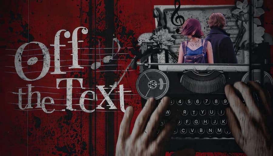 Off the Text: Hands type on a vintage keyboard beside a couple facing a jukebox in a gritty red-and-black collage room.