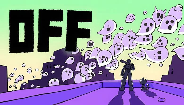 A man holding a baseball bat stands on a rooftop beside a cat. Ghostly figures with expressive faces float in the sky.