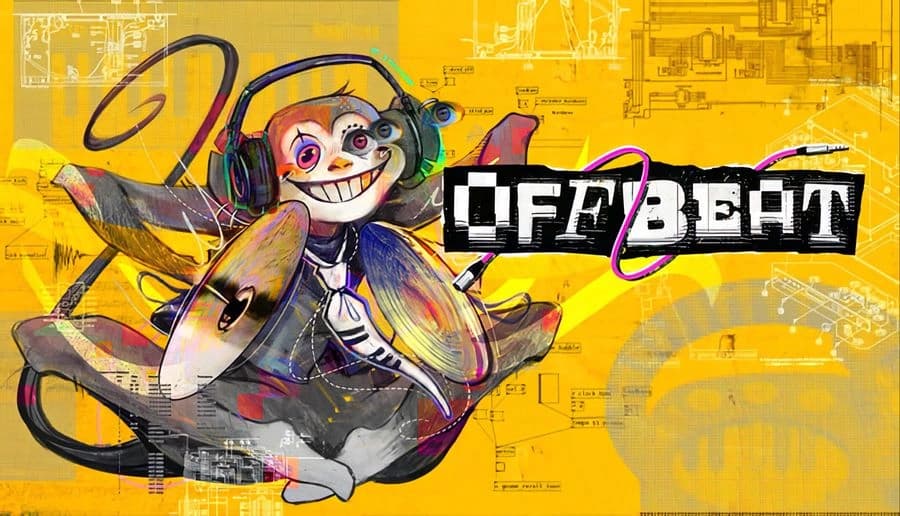 OFFBEAT: Grinning young woman with teal hair and headphones holds cymbals against a yellow graffiti-style backdrop.
