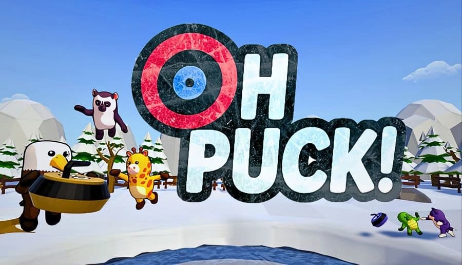 Oh Puck!: Cartoon animals in a snowy landscape, including a penguin with a curling stone, near snow-covered trees and hills.